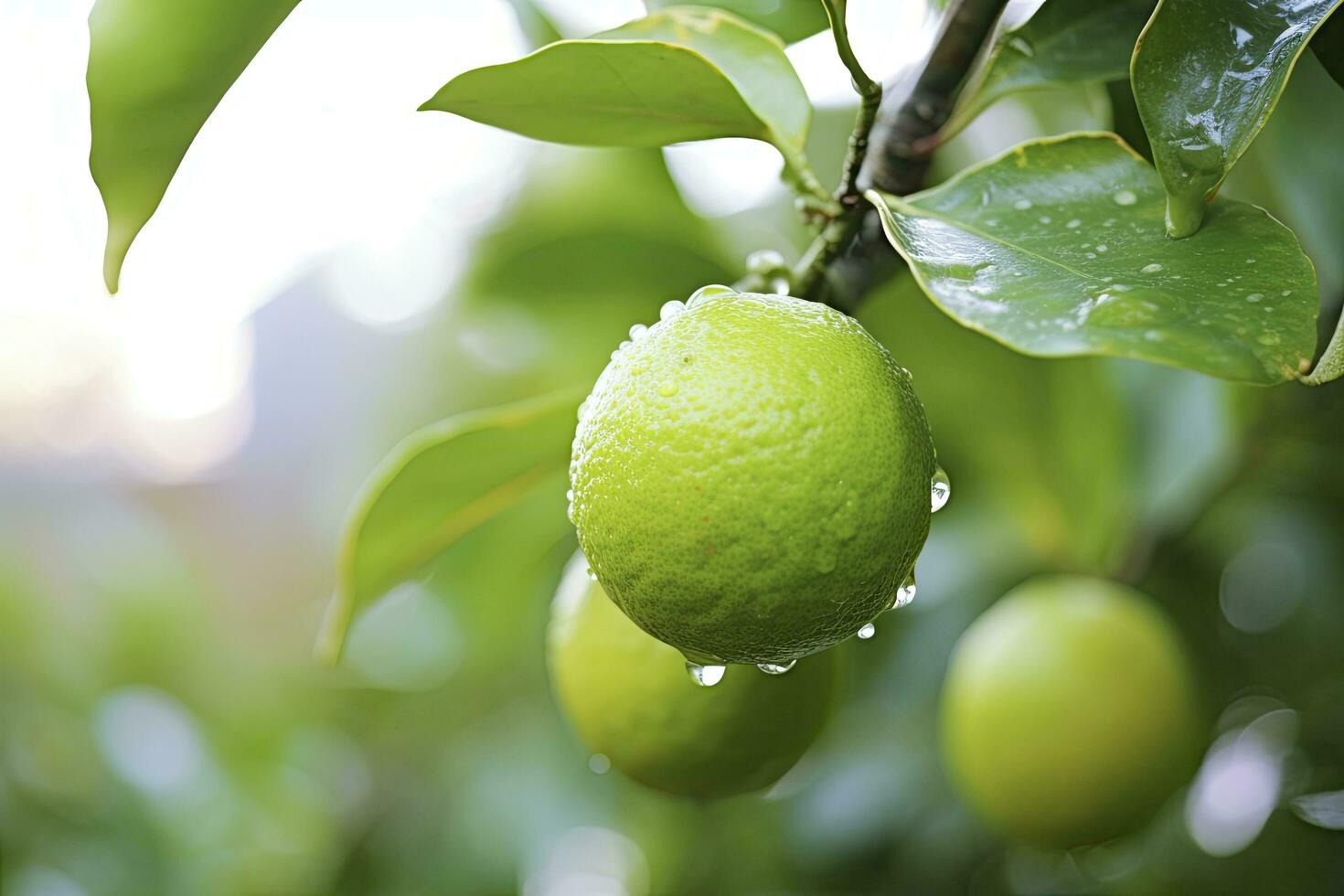 ai generiert schließen oben von nass Limette auf Ast. ai generiert foto