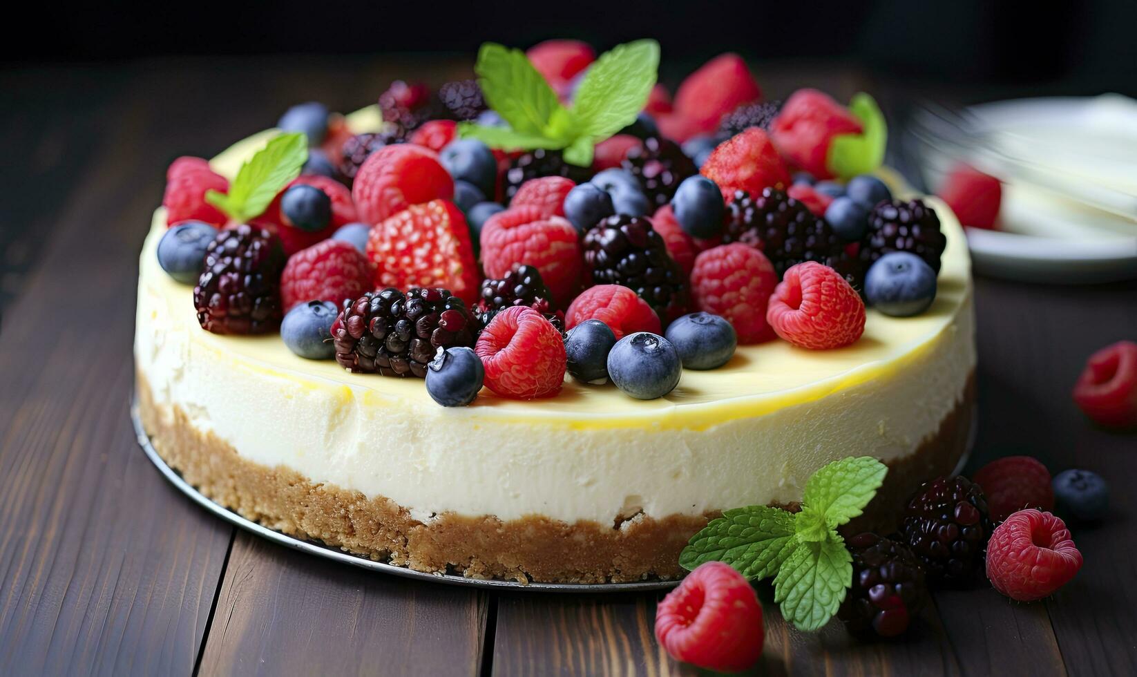 ai generiert Zitrone Käsekuchen mit frisch Beeren. ai generiert foto