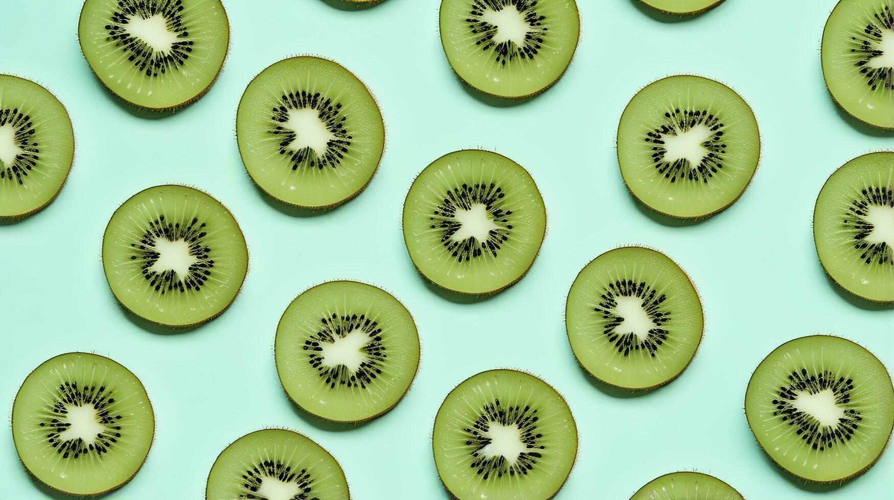 ai generiert Scheiben von Kiwi Obst und Grün Minze Blätter auf ein Licht Pastell- Blau Hintergrund. ai generiert foto