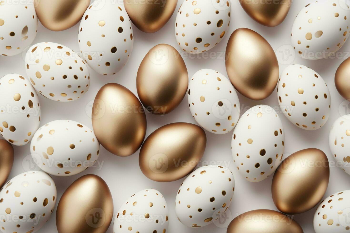 ai generiert festlich Ostern Eier mit Polka Punkte im Weiß und Gold Farben eben legen Muster foto