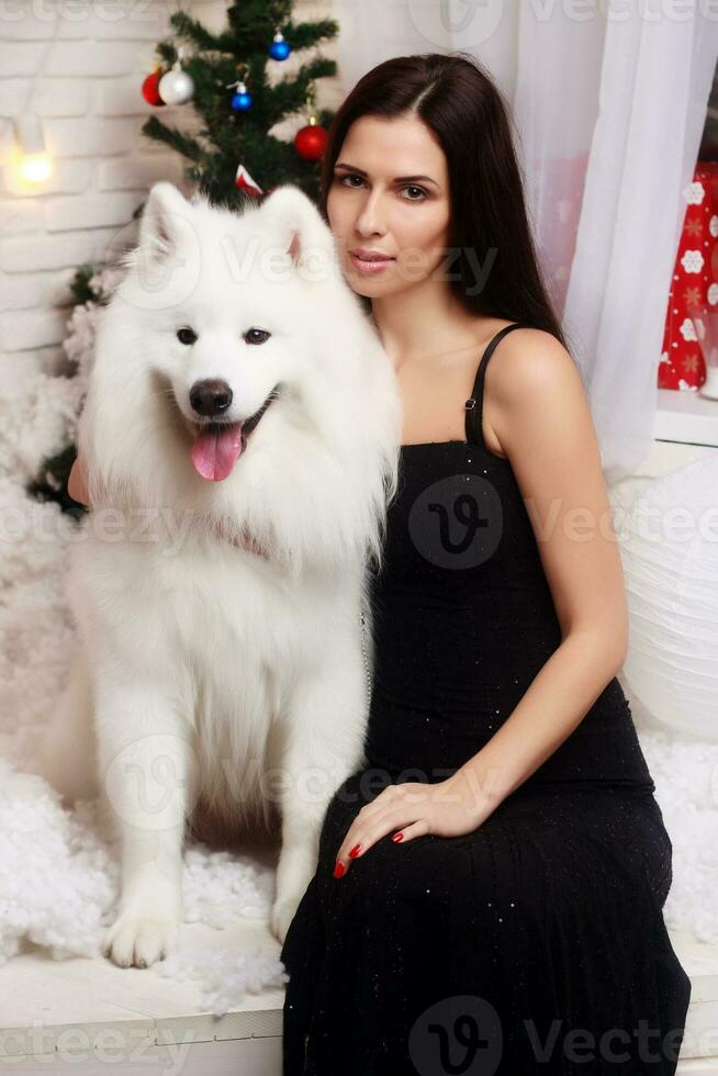 schön Brünette jung Frau lange schwarz Kleid mit ein Schneewittchen Hund samoyed heiser Studio im Schatten von braun Kerzen foto