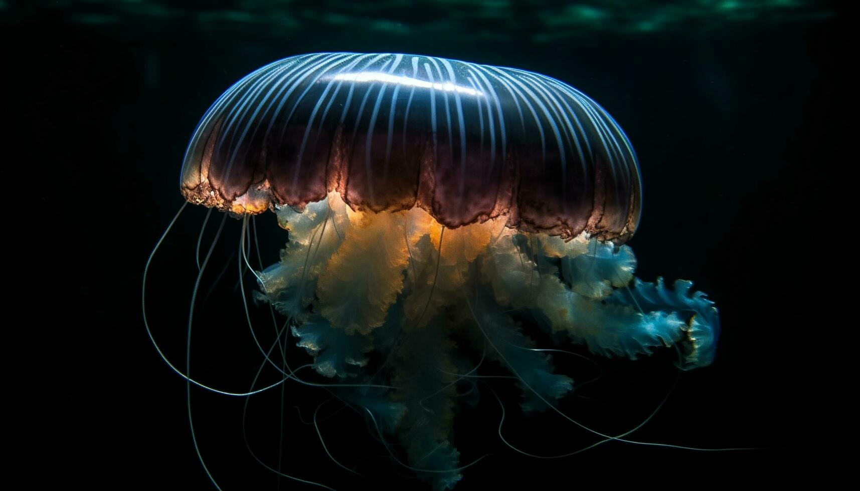 ai generiert unter Wasser Schönheit Fisch Schwimmen im dunkel, glühend, transparent Wasser- Umgebung generiert durch ai foto