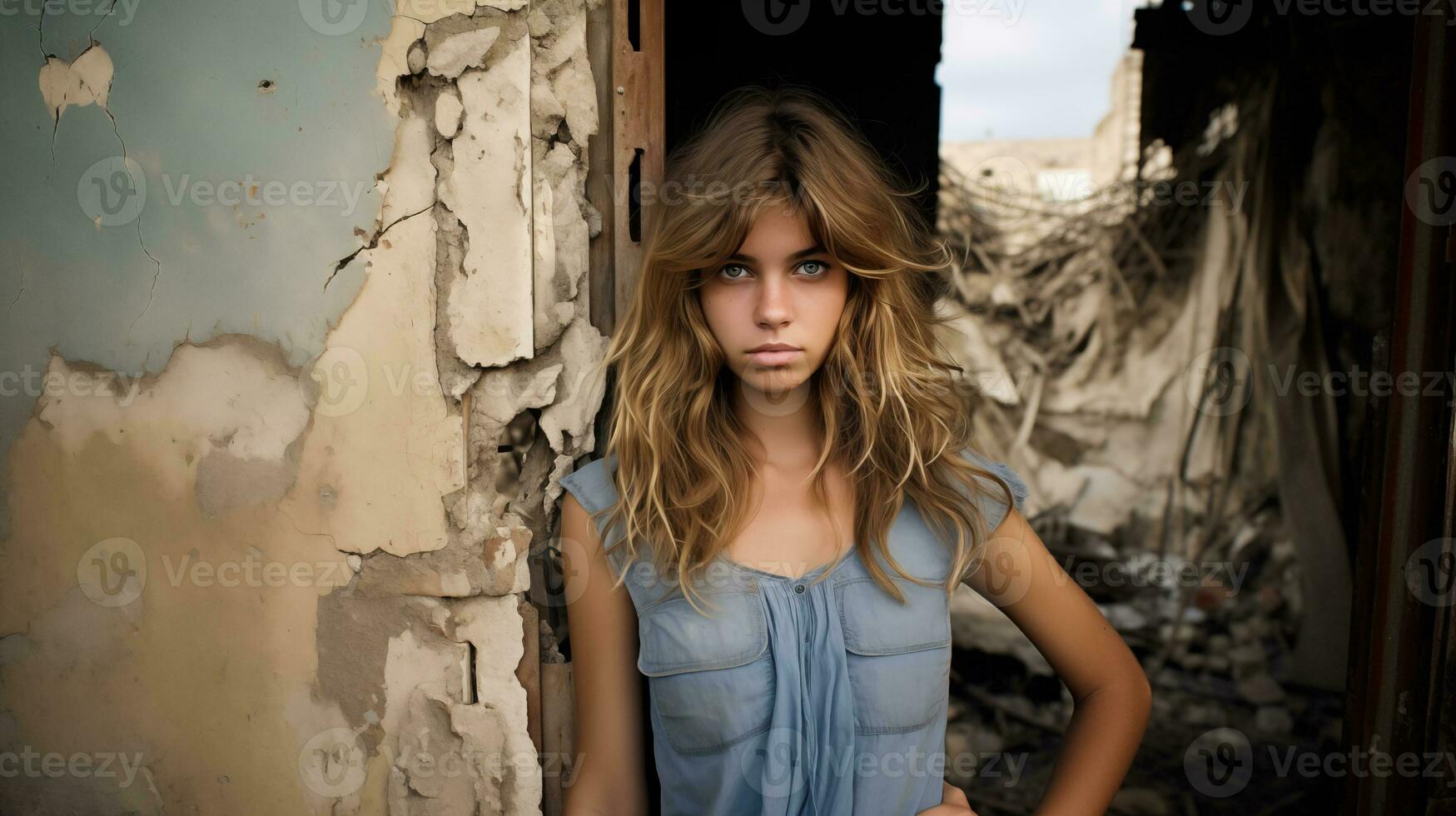 ai generiert jung Frau durch vom Krieg zerrissen Gebäude ai generiert foto