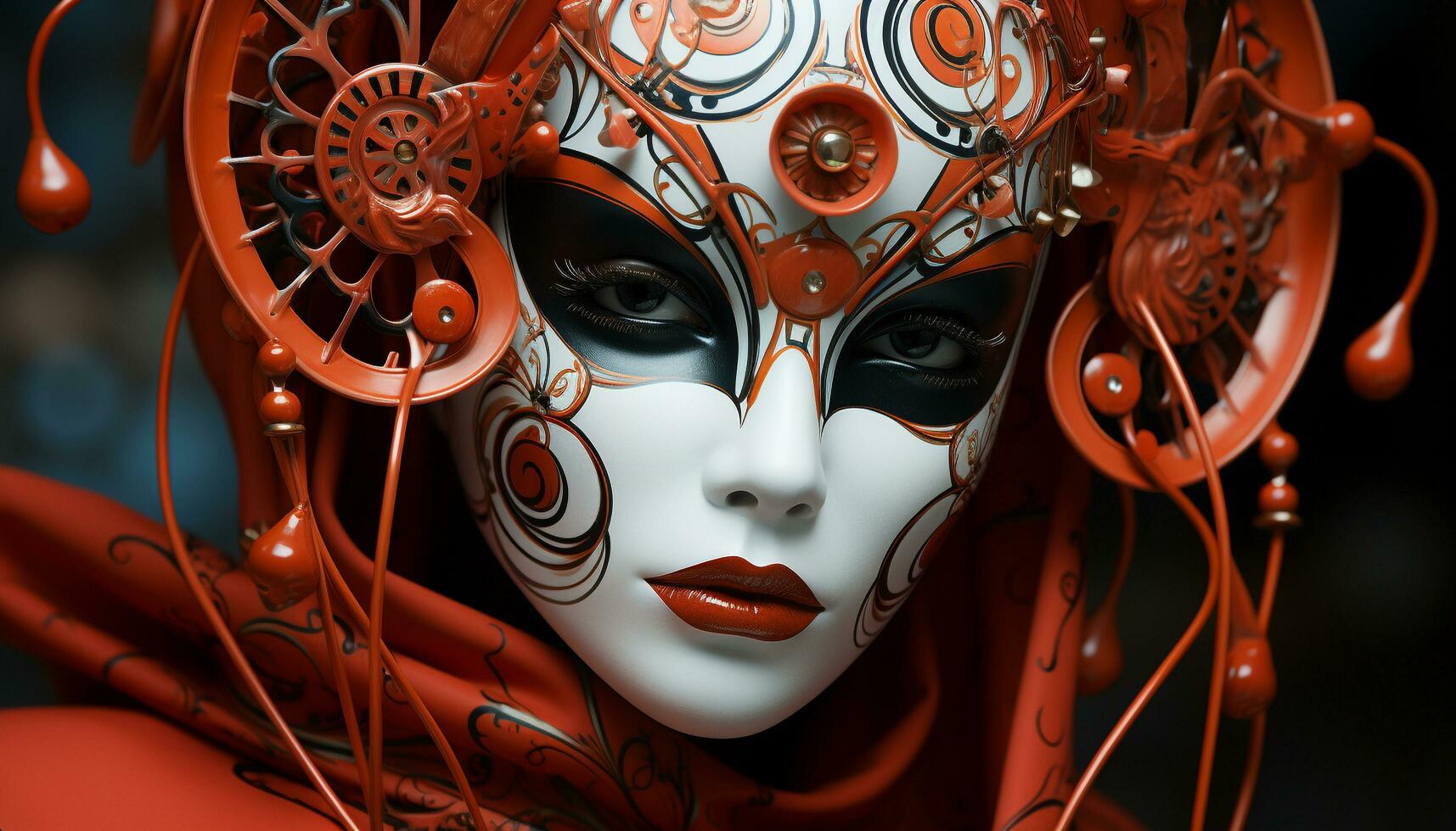 ai generiert lächelnd Frau im aufwendig Maske verkörpert Schönheit und kulturell Feier generiert durch ai foto