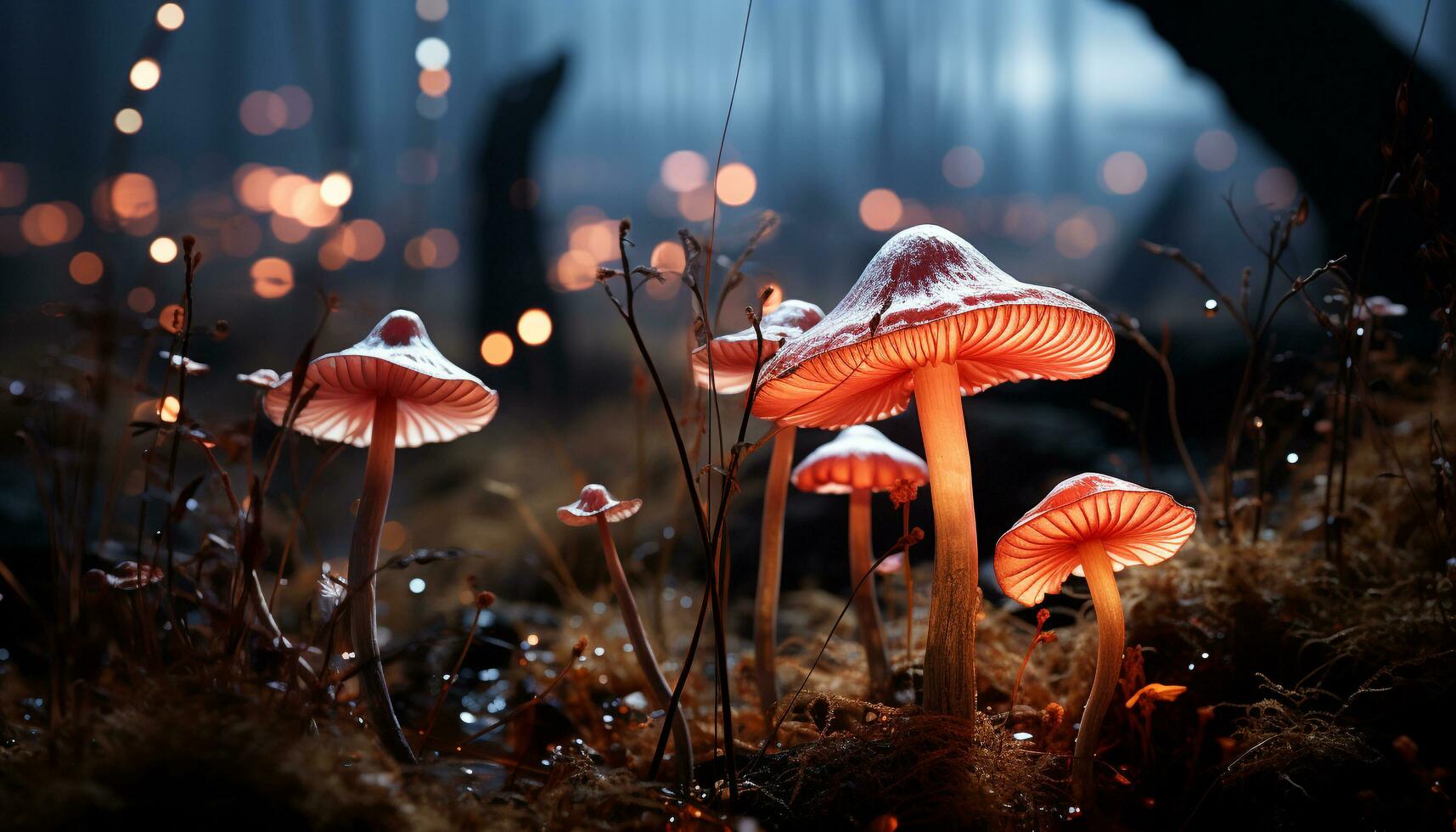 ai generiert schließen oben von ein glühend fliegen Agaric Pilz im das Wald generiert durch ai foto