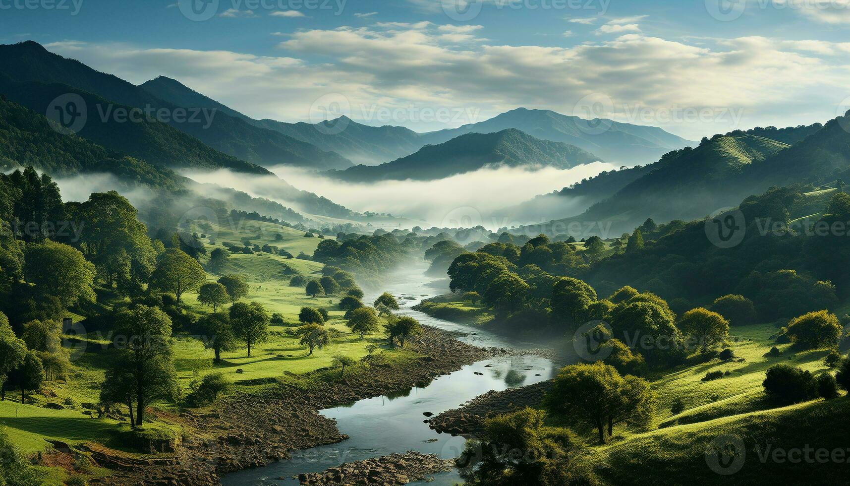 ai generiert Berg Landschaft mit Wald, Baum, Nebel, Gras, und Wasser Wiese generiert durch ai foto