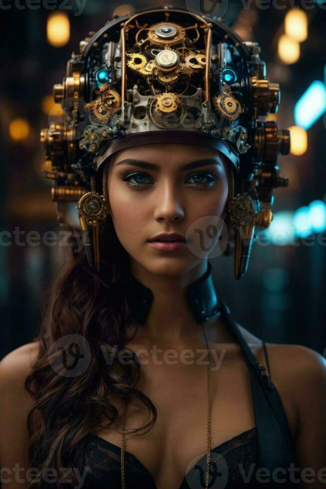 ai generiert weiblich Cyborg mit Mechanismen und Drähte im Kopf, Digital technologisch wie ein Hintergrund foto