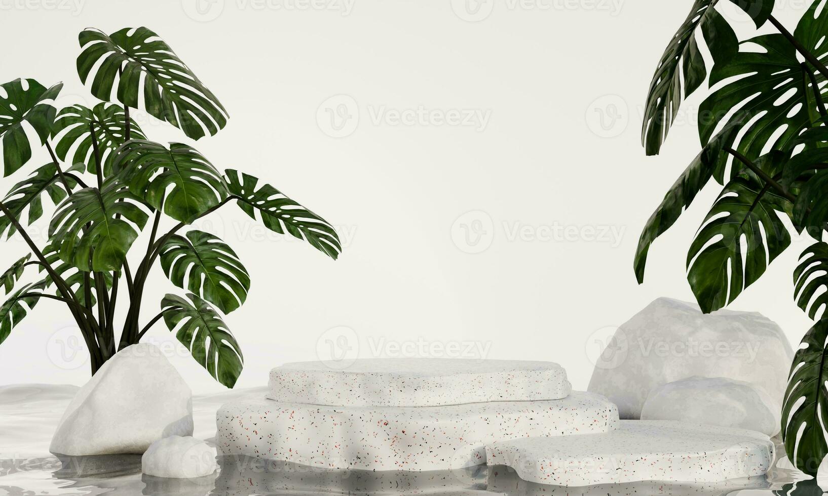 3d Rendern modern Attrappe, Lehrmodell, Simulation Felsen Podium von Weiß Marmor Sockel mit Wellen und tropisch Pflanze Illustration abstrakt Hintergrund foto