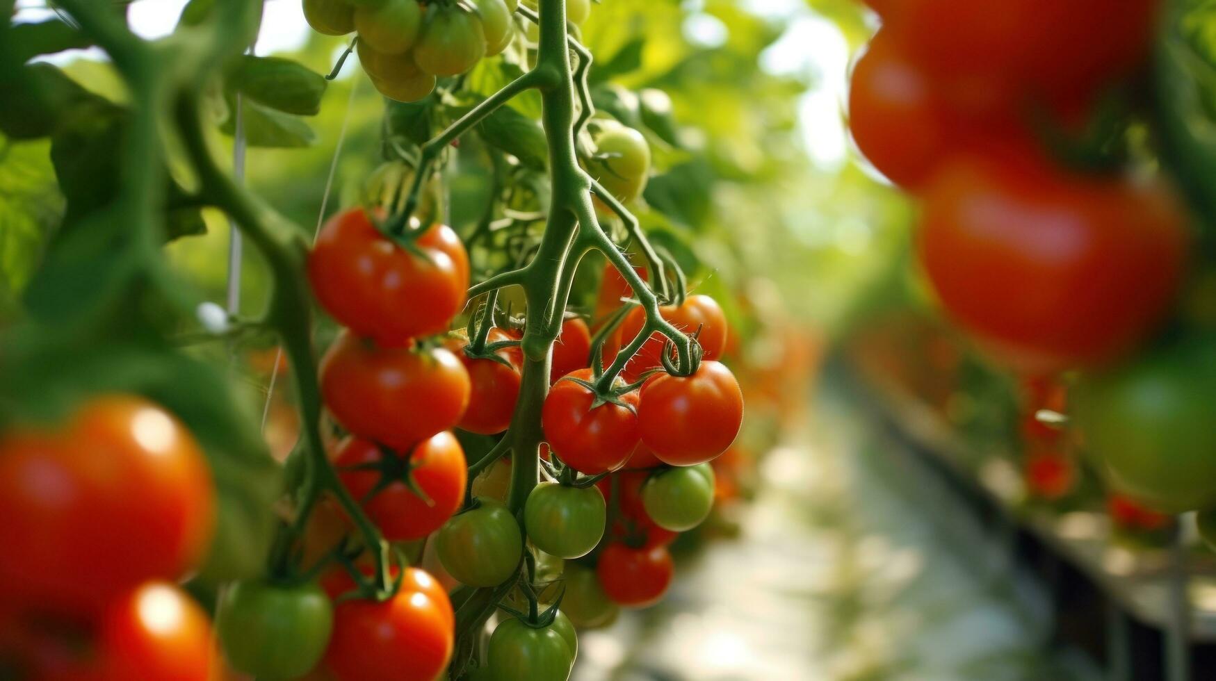 ai generiert Tomaten wachsen im ein beigefügt Gewächshaus foto