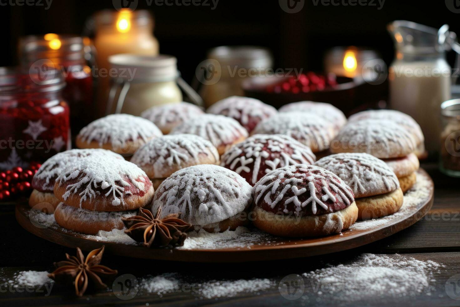 ai generiert schließen oben Szene mit ein Auswahl von aufwendig entworfen Weihnachten Kekse einstellen auf ein hölzern Tisch, geschmückt mit Krümel und pulverisiert Zucker, Weihnachten Hintergrund foto