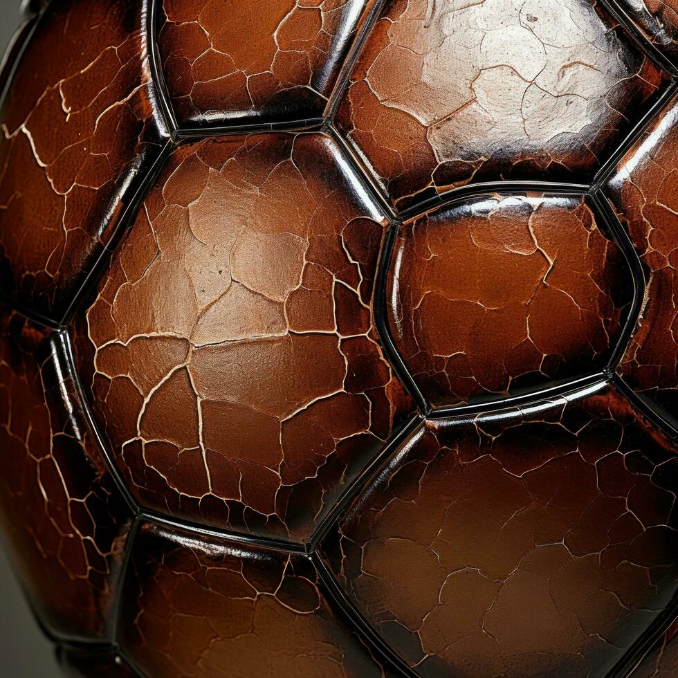 ai generiert ein Makro Schuss von ein Fußball Ball, Hervorheben es ist Textur und kompliziert Einzelheiten foto