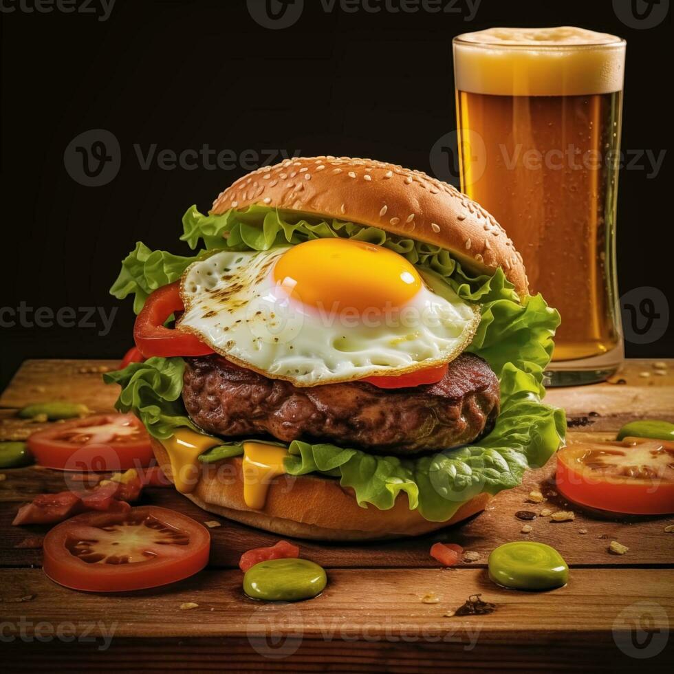 ai generiert Burger mit Fleisch gebraten Ei Tomate und Salat Blätter serviert mit Pint von Bier auf hölzern Tafel ai generativ foto