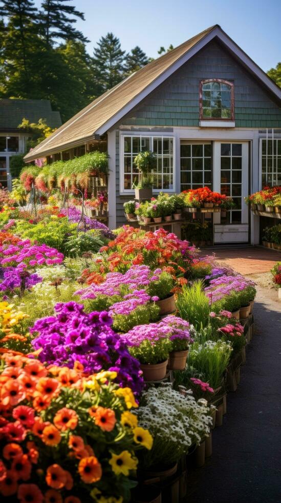 ai generiert Blume Laden Garten, mit Reihen von bunt Blumen und Grün. foto