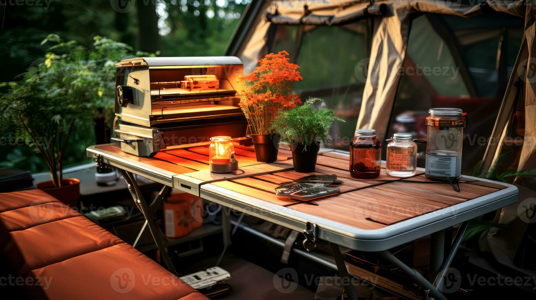 ai generiert Camping im das Wald. Camping Ausrüstung auf das Tisch. foto