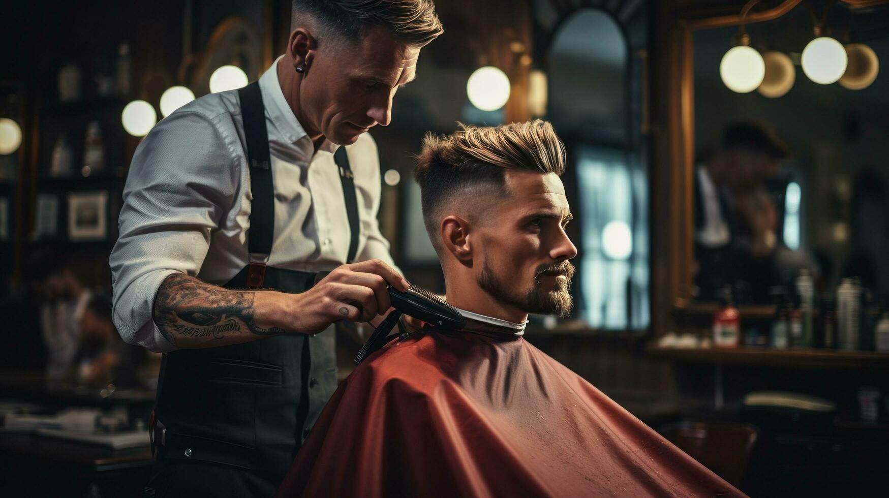 ai generiert Barbier Trimmen ein Kunden Haar mit elektrisch Haarschneidemaschine, Erfassen das Bewegung foto