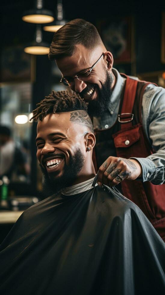 ai generiert Barbier Trimmen ein Kunden Haar mit elektrisch Haarschneidemaschine, Erfassen das Bewegung foto