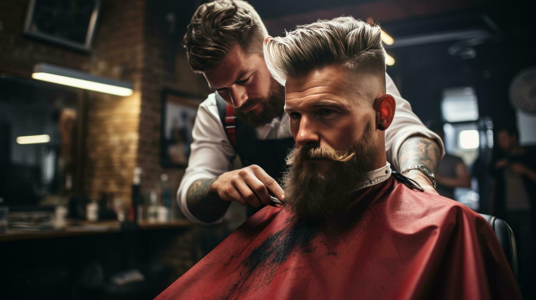 ai generiert Barbier Trimmen ein Kunden Haar mit elektrisch Haarschneidemaschine, Erfassen das Bewegung foto