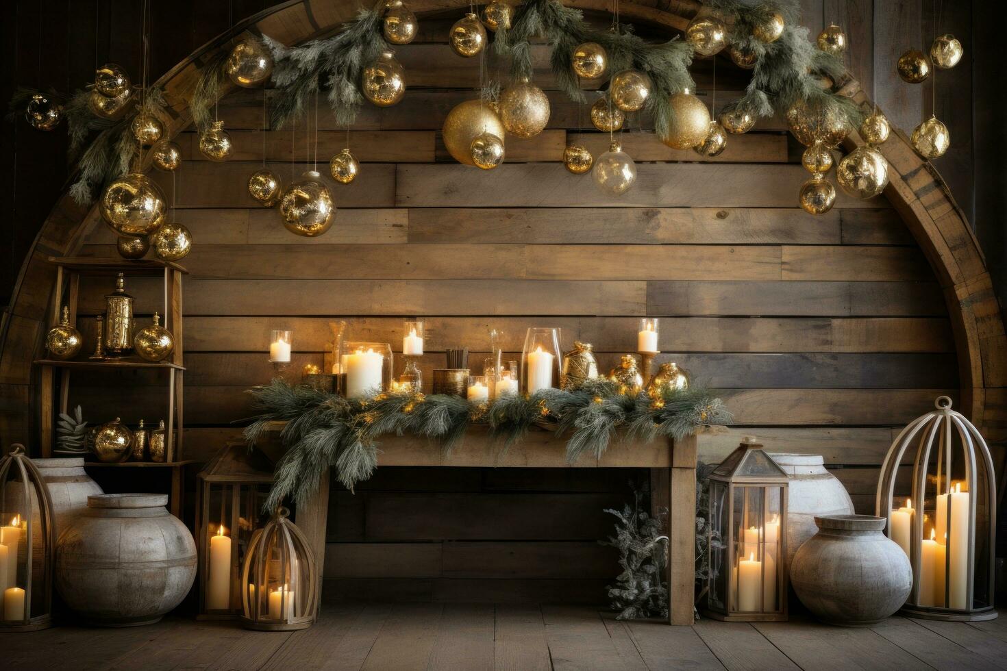 ai generiert ein warm und einladend Weihnachten Konfiguration mit golden Ornamente, Grün, und ein rustikal Holz Hintergrund foto