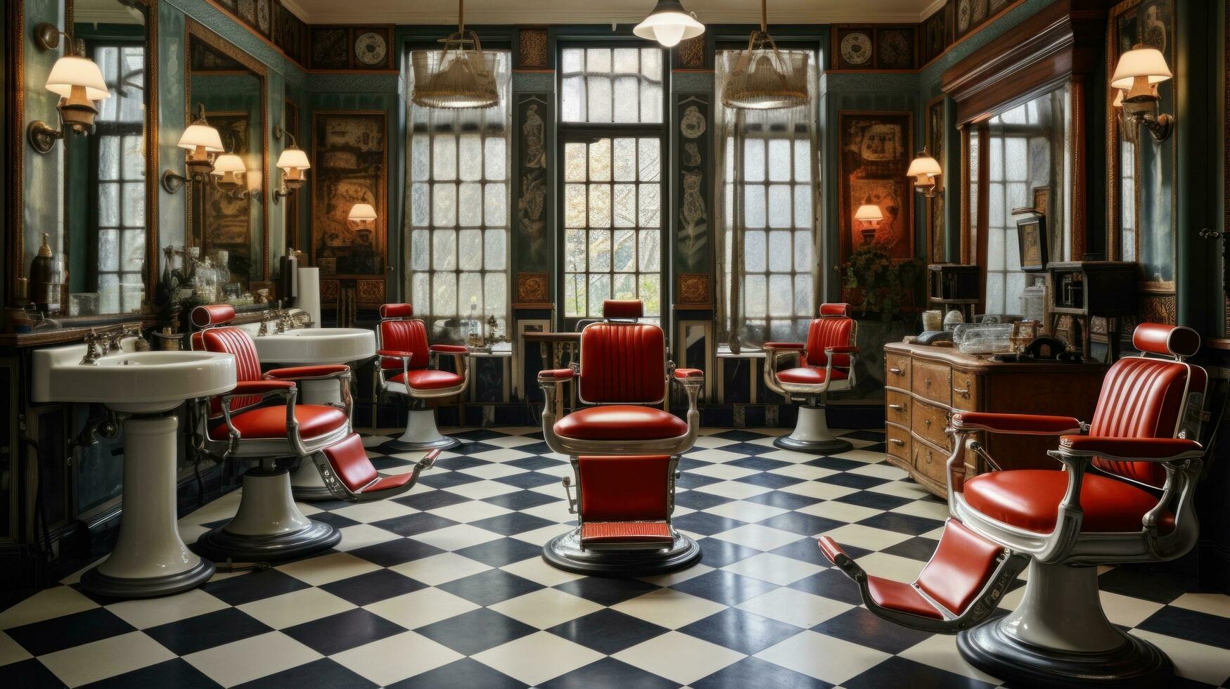 ai generiert ein Jahrgang Barbier Geschäft, Komplett mit klassisch rot und Weiß Barbier Pole, Leder Stühle foto