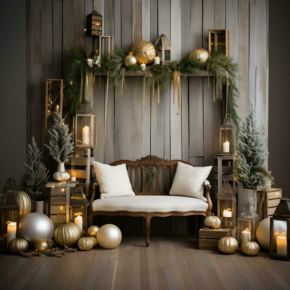 ai generiert ein warm und einladend Weihnachten Konfiguration mit golden Ornamente, Grün, und ein rustikal Holz Hintergrund foto