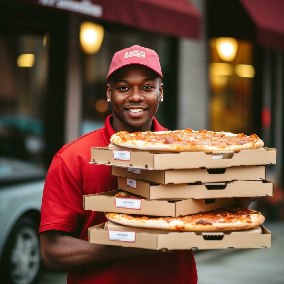 ai generiert Pizza Lieferung Person Tragen ein Stapel von Pizza Kisten foto