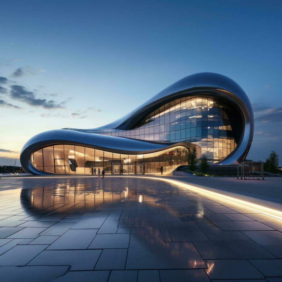 ai generiert ein futuristisch Gebäude mit ein gebogen Fassade und glatt Glas Außen foto