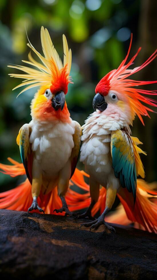 ai generiert ein Paar von tropisch Vögel beschäftigt, verlobt im ein spielerisch tanzen foto