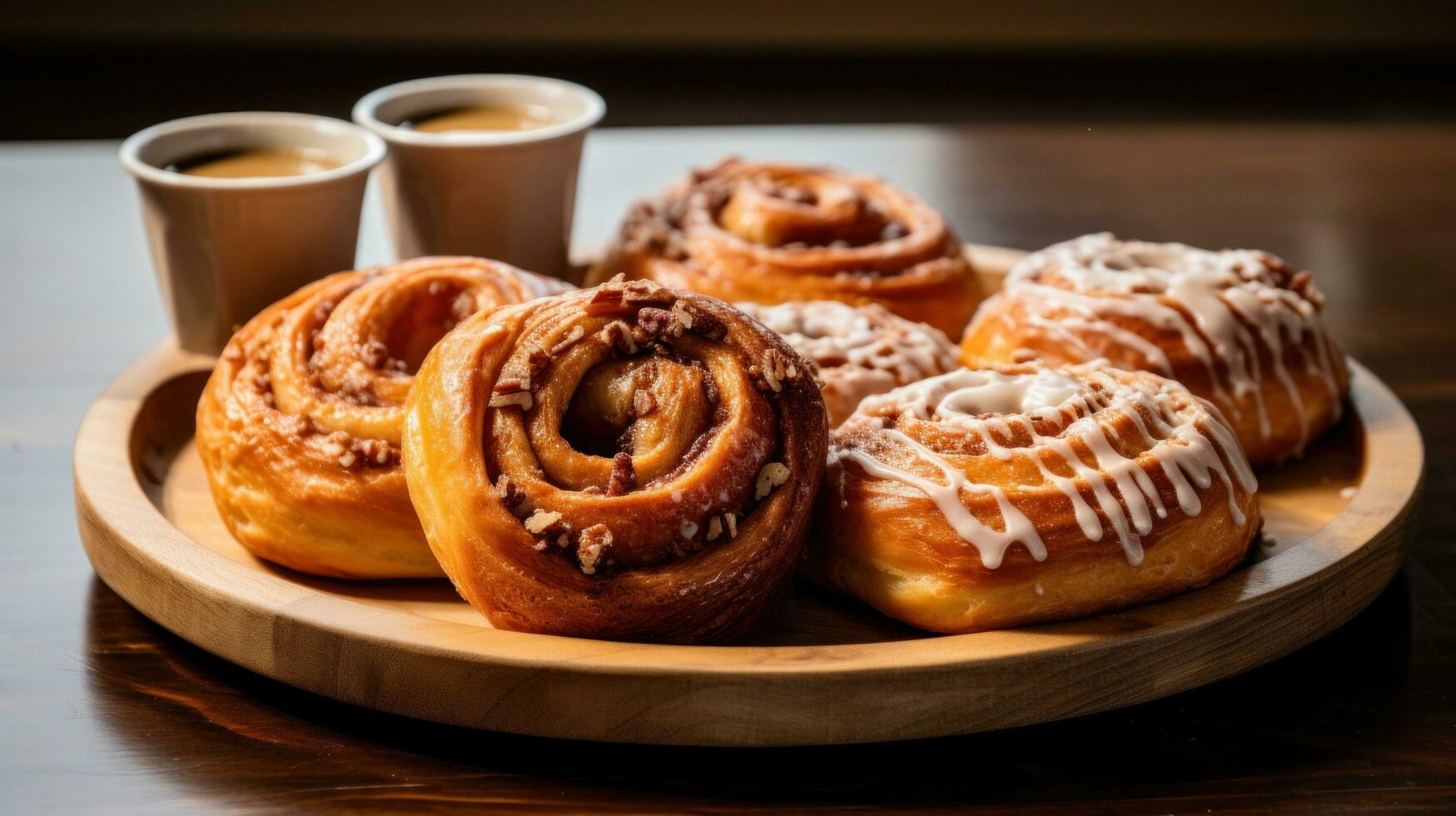 ai generiert ein eben legen von ein hölzern Tabelle mit ein Vielfalt von gebacken Waren, einschließlich Zimt Rollen, Muffins foto