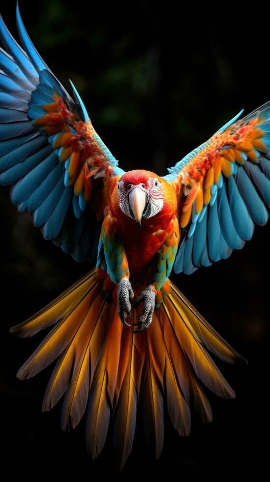 ai generiert ein bunt Papagei im mitten im Flug, mit es ist Flügel Verbreitung breit und es ist Gefieder ein Regenbogen von Farben foto