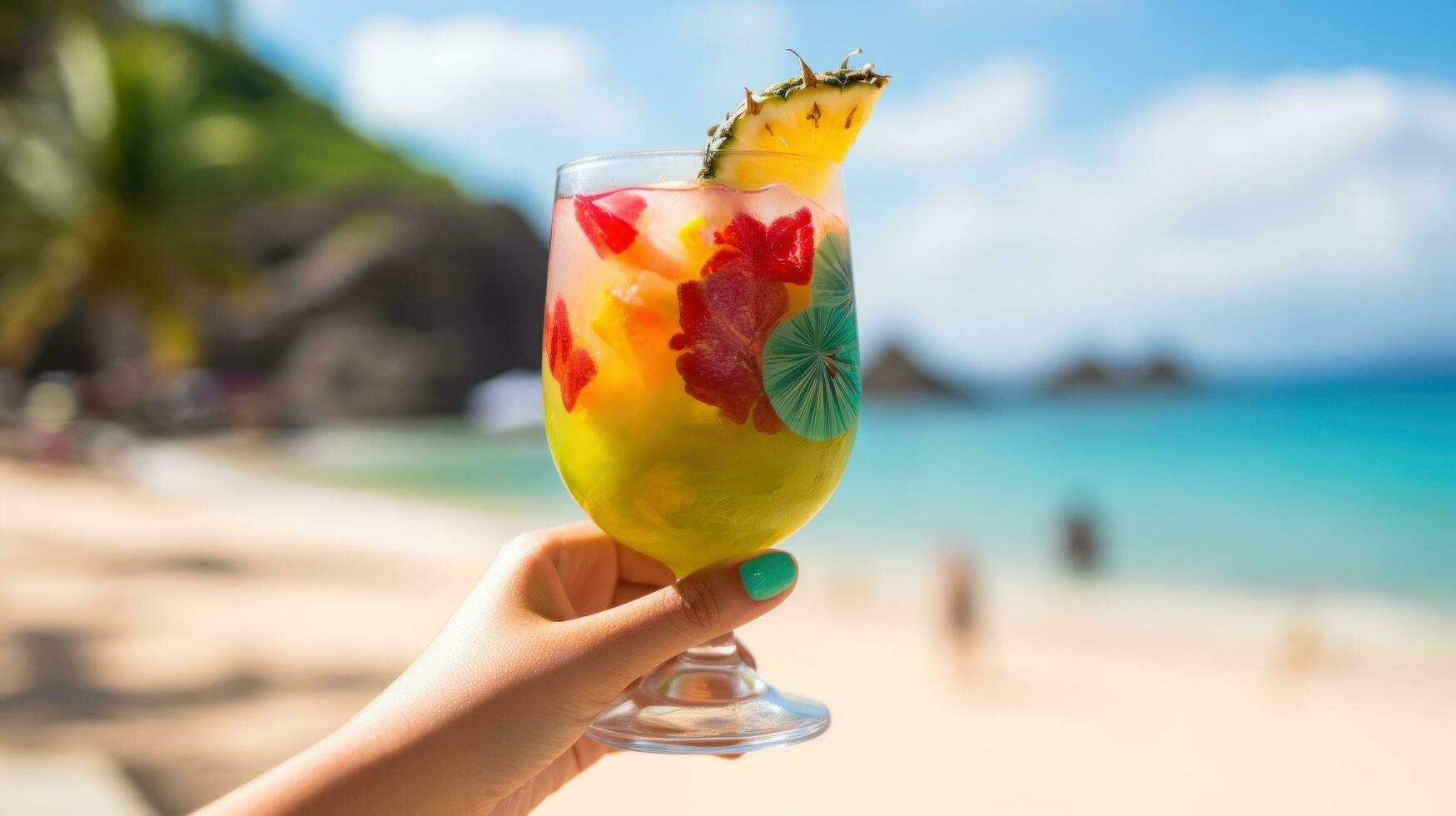 ai generiert Hand halten ein bunt Cocktail Glas mit ein tropisch Strand Hintergrund foto