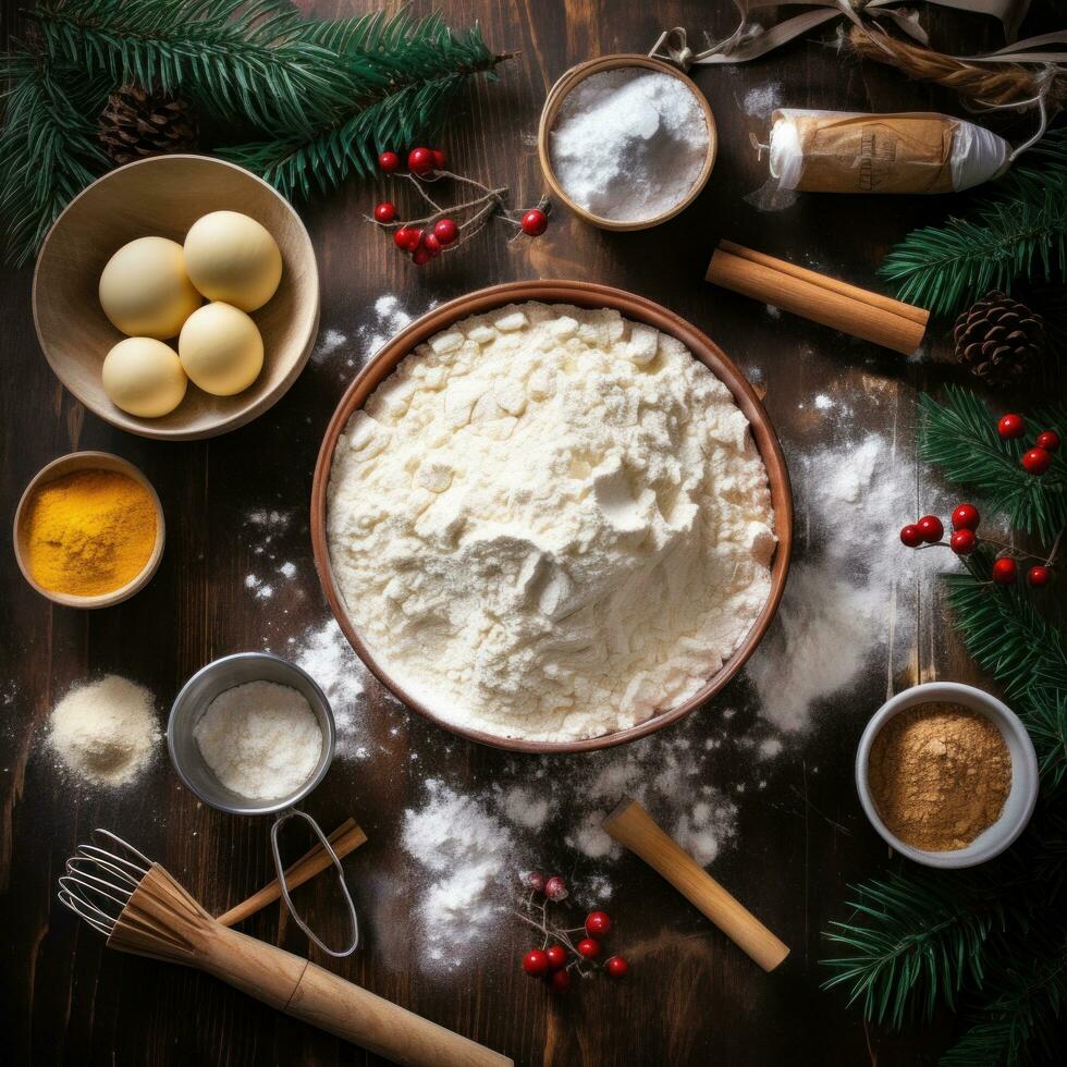 ai generiert Backen Lieferungen, Mehl, Zucker, Plätzchen schneider, und ein rollen Stift, zum das Weihnachten Backen Geist. foto