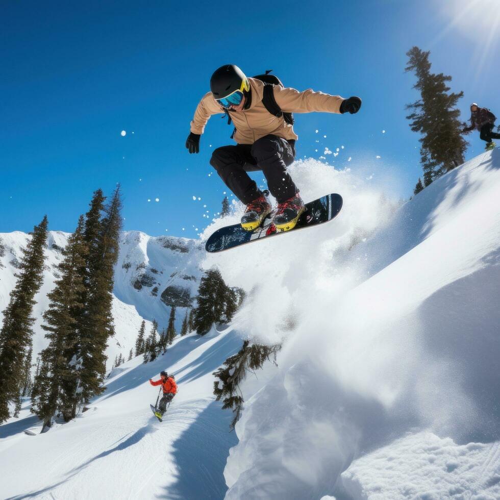 ai generiert ein Snowboarder durchführen ein stilvoll greifen Trick während Reiten Nieder ein Berg foto