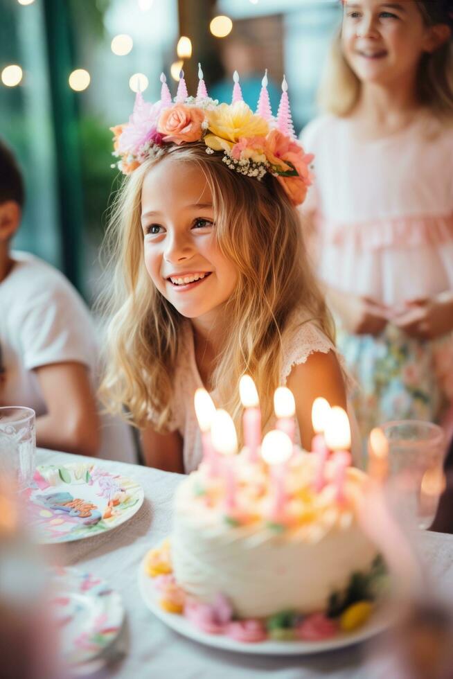 ai generiert ein jung Mädchen weht aus Kerzen auf ein Kuchen umgeben durch ihr freunde foto