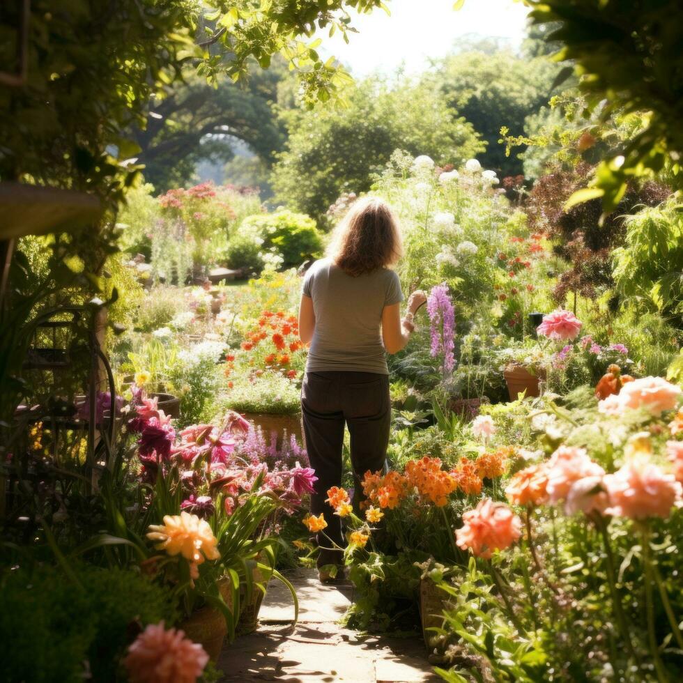 ai generiert Gärtner bewundern ihr Garten, Stehen unter Blühen Blumen und üppig Grün foto