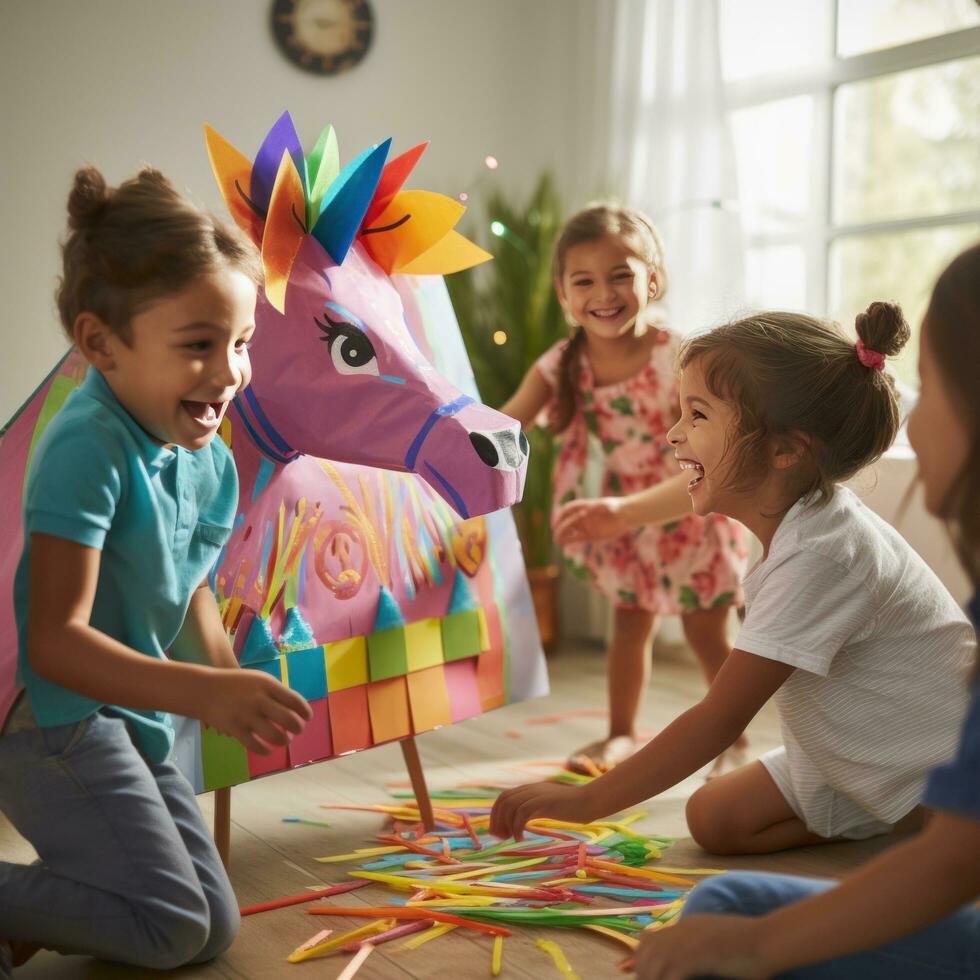 ai generiert ein Gruppe von Kinder spielen Spaß und Party Spiele, eine solche wie Stift das Schwanz auf das Esel oder Musical Stühle foto