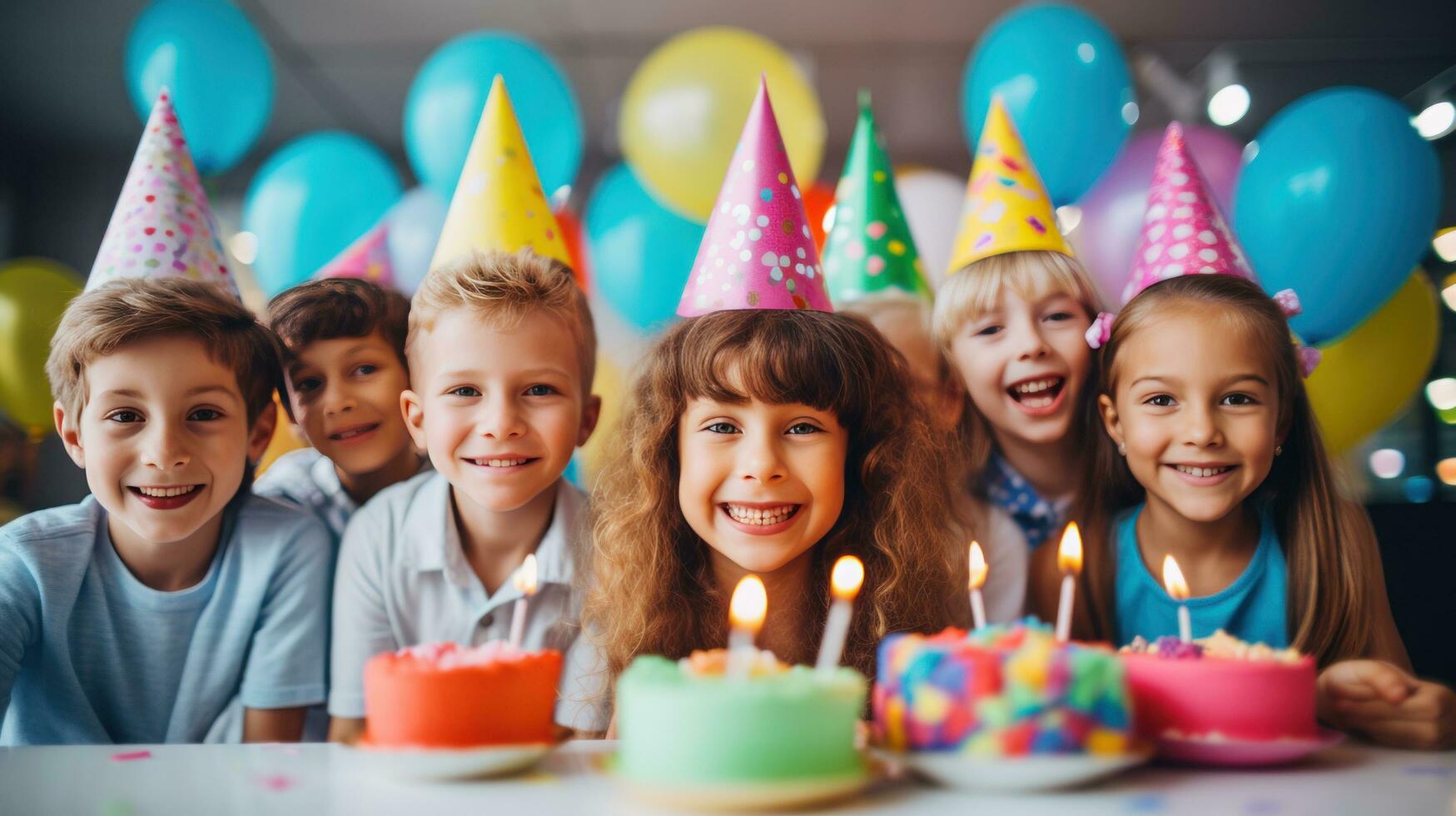 ai generiert ein Gruppe von lächelnd Kinder tragen Party Hüte und halten bunt Luftballons, mit ein Geburtstag Kuchen foto