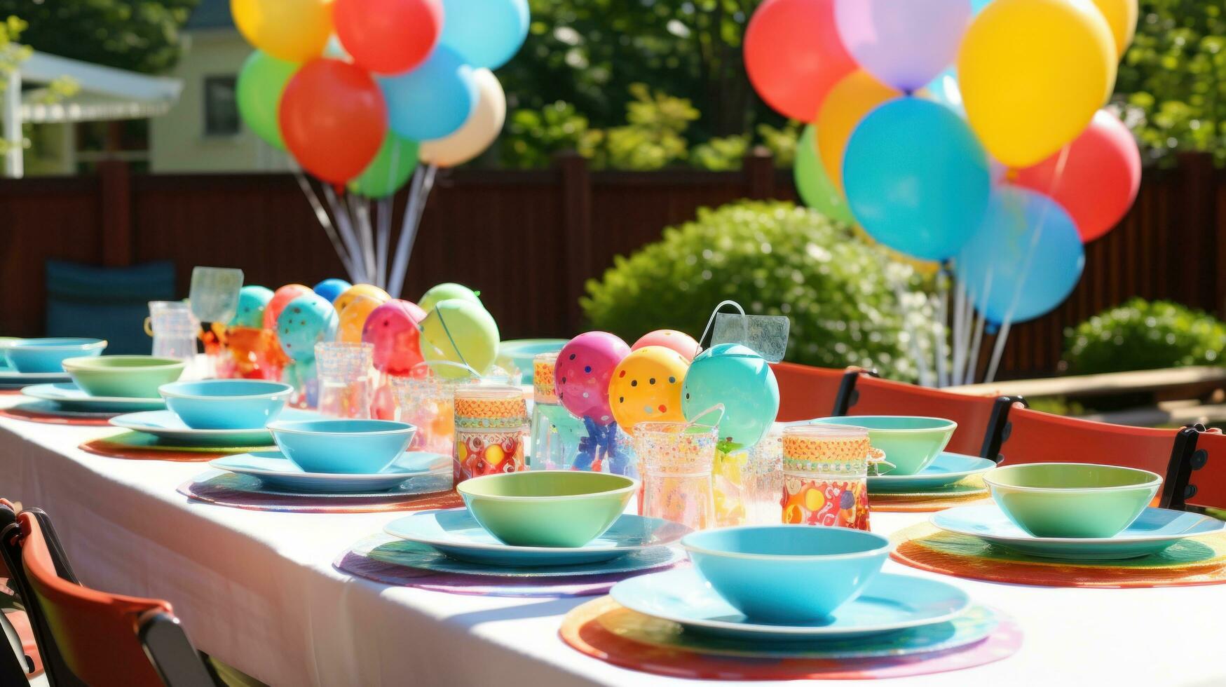 ai generiert festlich Tabelle Rahmen mit bunt Platten, und Luftballons, bereit zum ein Spaß und lebhaft Geburtstag Party foto