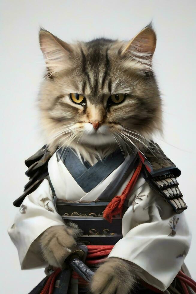 ai generiert Samurai Katze realistisch halten ein Katana Schwert foto