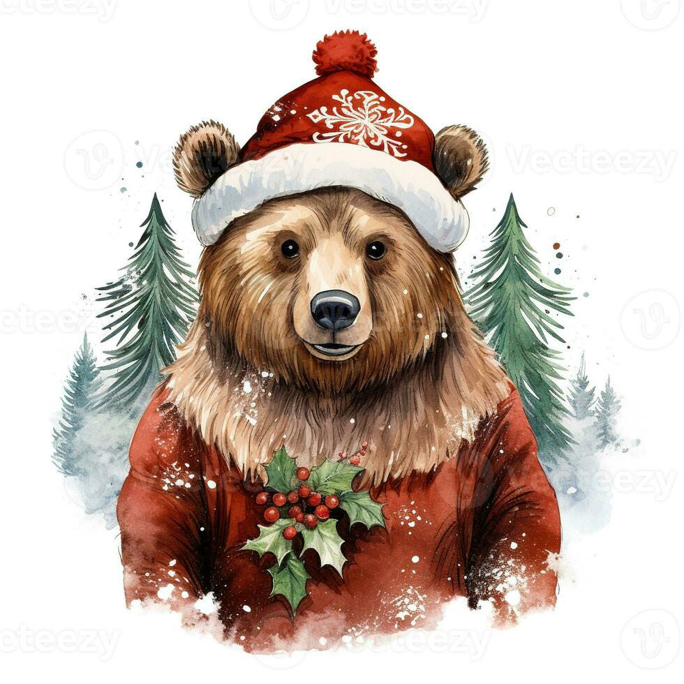ai generiert generativ ai, süß wild Bär Tier, Weihnachten Hut und hässlich Pullover, Aquarell Stil. foto