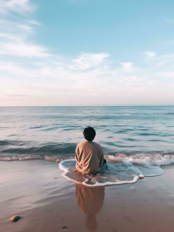 ai generiert ein Person ist Sitzung in der Nähe von das Wasser beim das Strand, foto