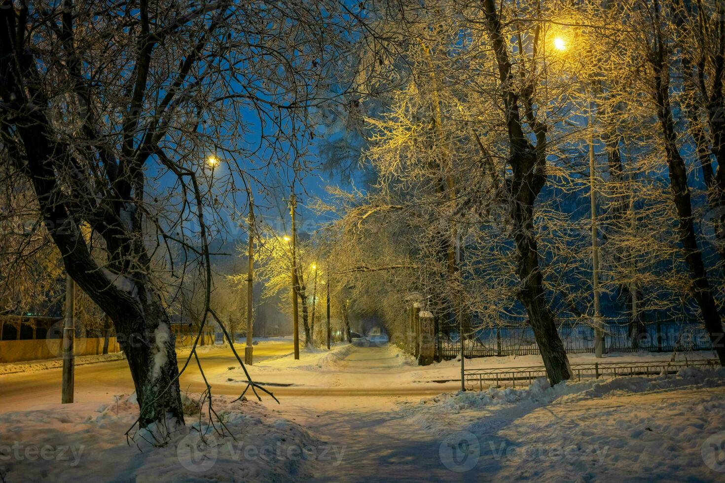 Nacht verlassen Stadt Straße im Winter. schneebedeckt Bäume, Fußweg, Verbrennung Laternen. horizontal Format. foto