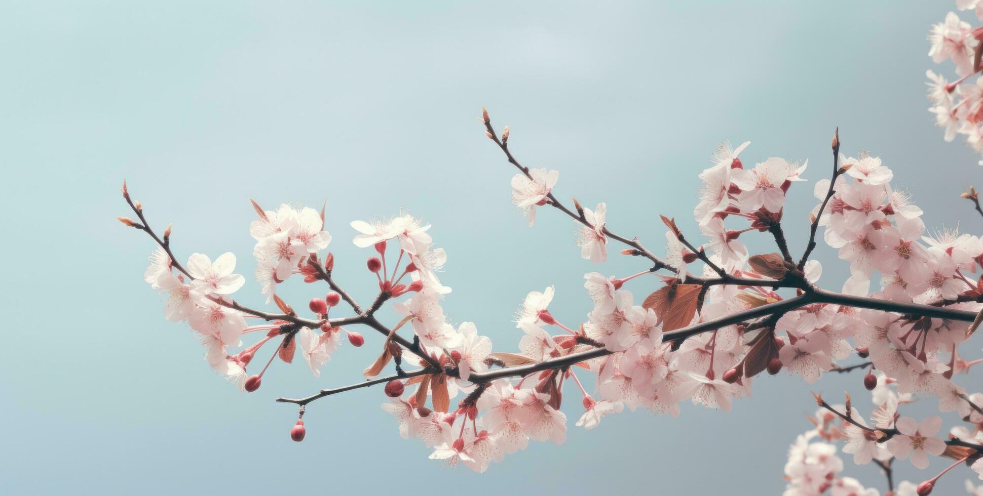ai generiert Frühling Blumen und Knospen auf ein Kirsche Baum gegen ein Himmel Blau Hintergrund, foto