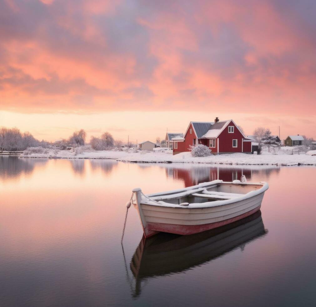 ai generiert rot Boot auf Wasser während Schnee Treffer das Ufer, foto