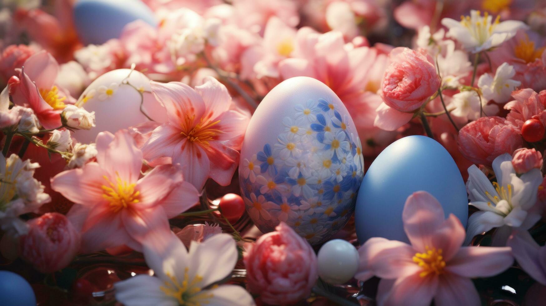 ai generiert bunt Ostern Eier Sitzung um das Blumen, foto