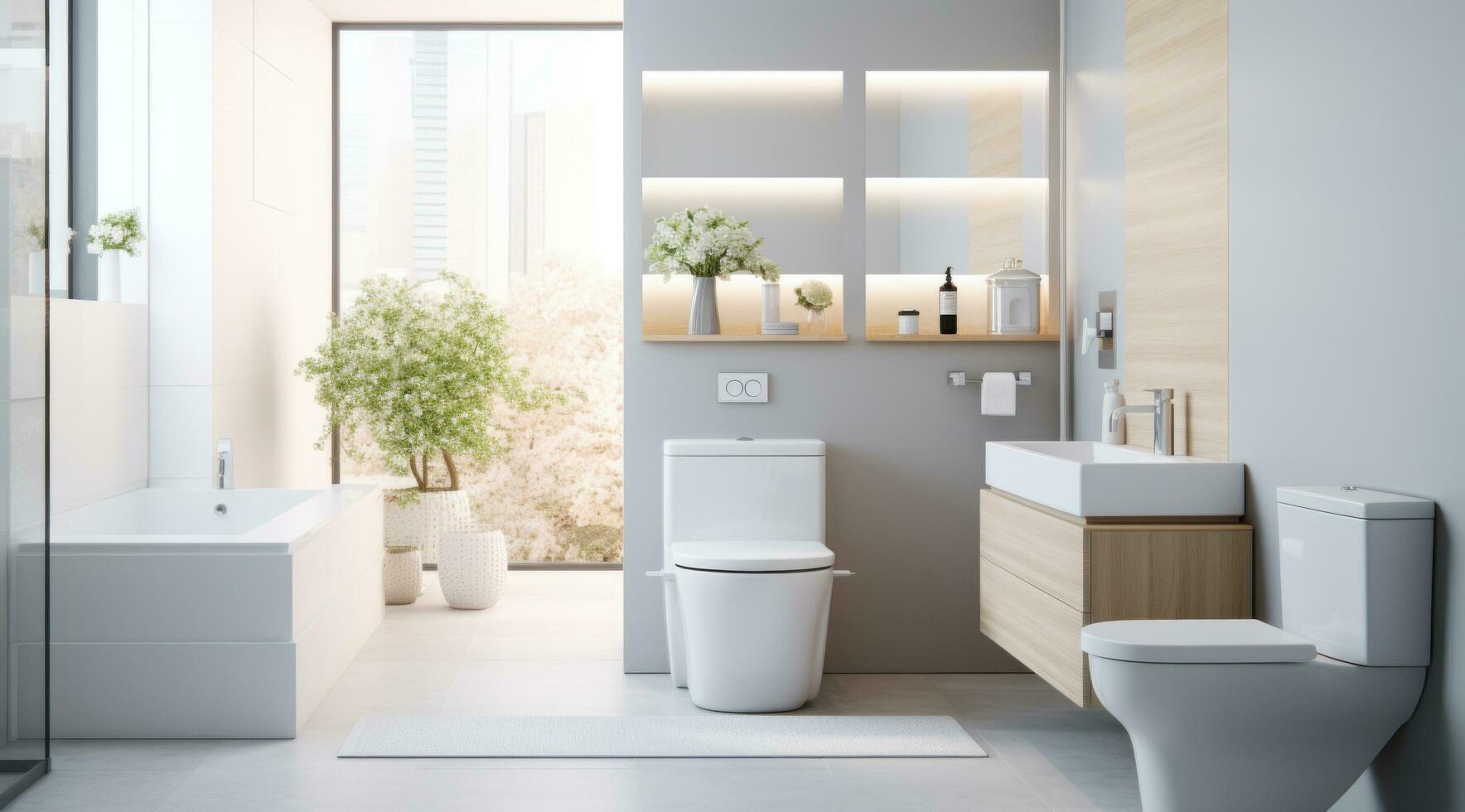 ai generiert sauber Weiß Zimmer mit Toilette, Spiegel, Tabelle und Waschbecken, foto