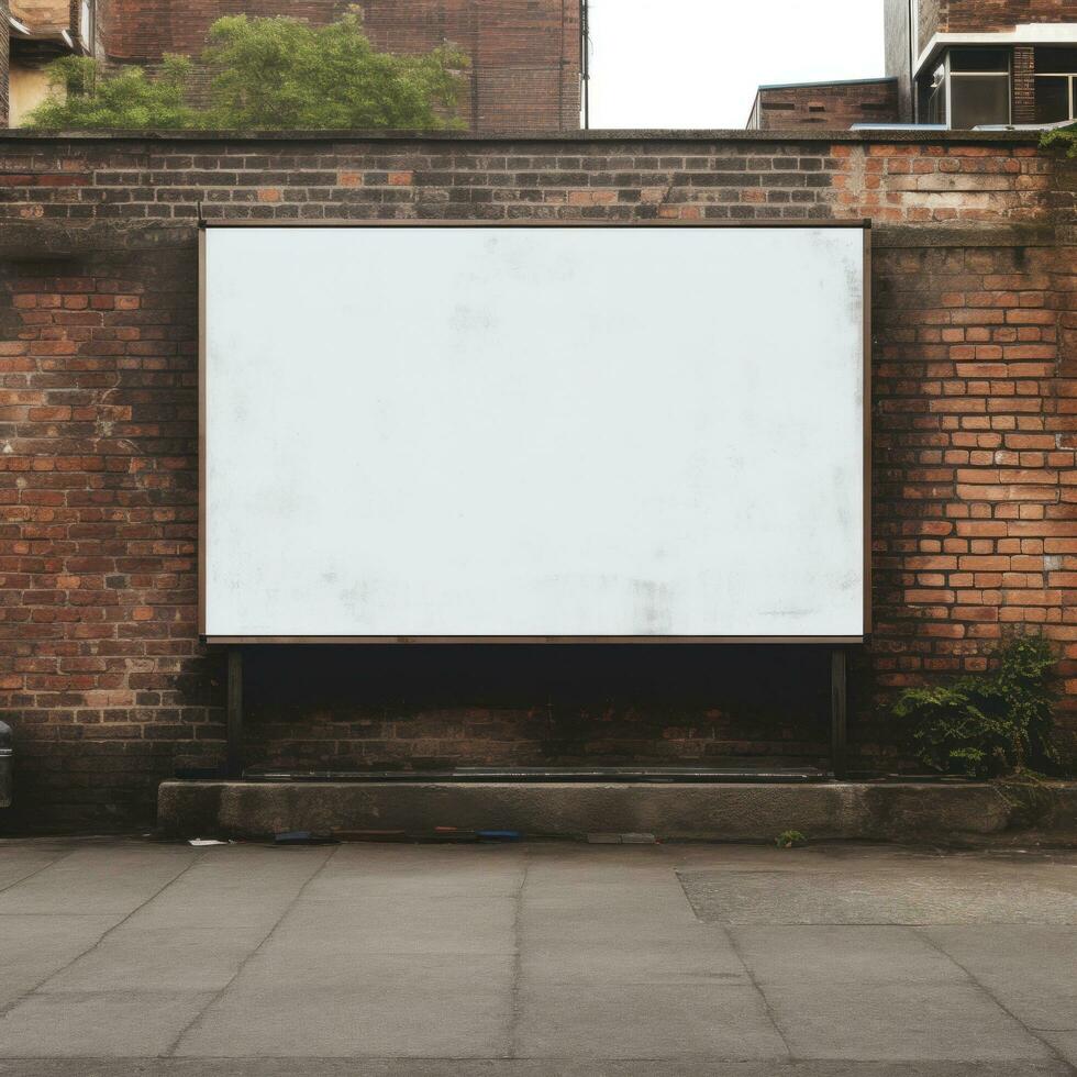 ai generiert Plakatwand Attrappe, Lehrmodell, Simulation mit leer Vorderseite, realistisch auf ein Attrappe, Lehrmodell, Simulation Vorlage im Grunge Backstein Mauer foto