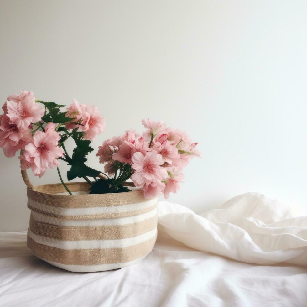 ai generiert ein Weiß Korb mit Rosa Blumen Sitzung auf oben von ein Weiß gestreift Hintergrund foto