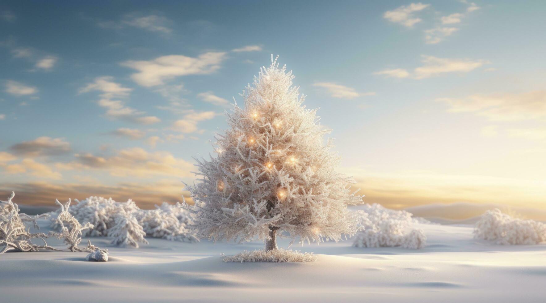 ai generiert ein Schnee bedeckt Weihnachten Baum steht allein auf Schnee bedeckt Boden, foto