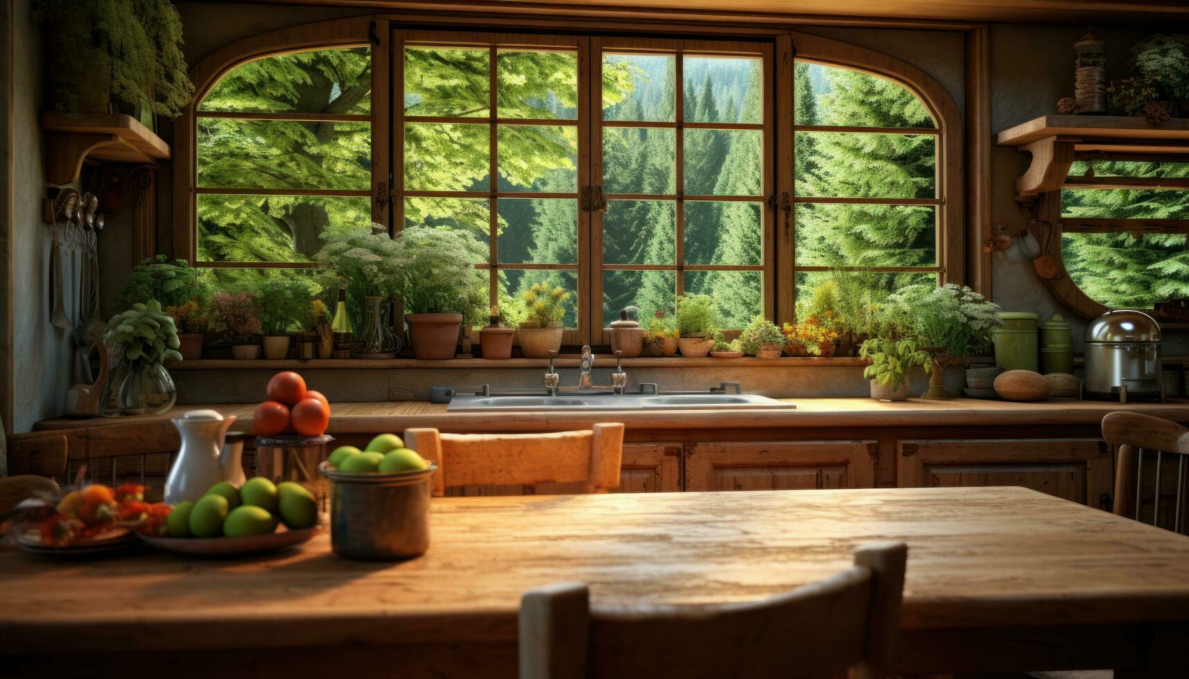ai generiert ein groß Küche mit ein Holz Tabelle im Vorderseite von ein Aussicht foto