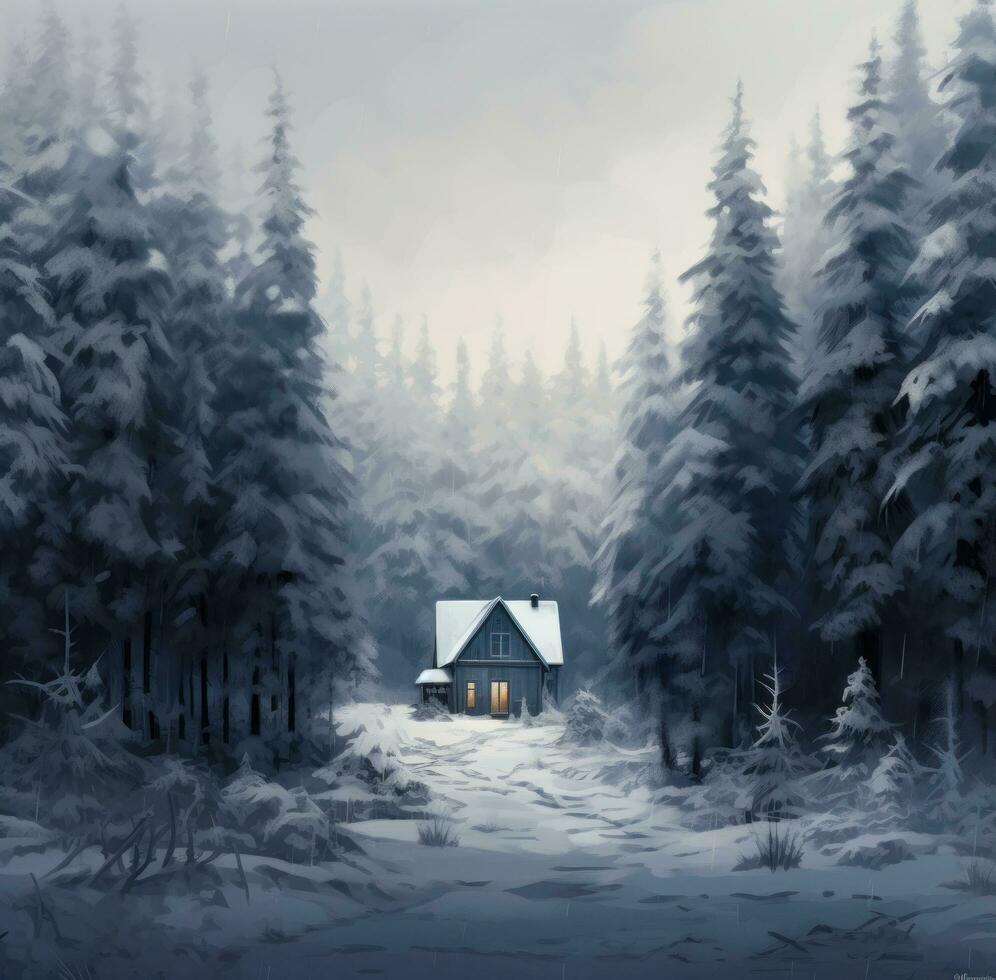 ai generiert ein Haus ist umgeben durch Schnee im ein Kiefer Wald, foto